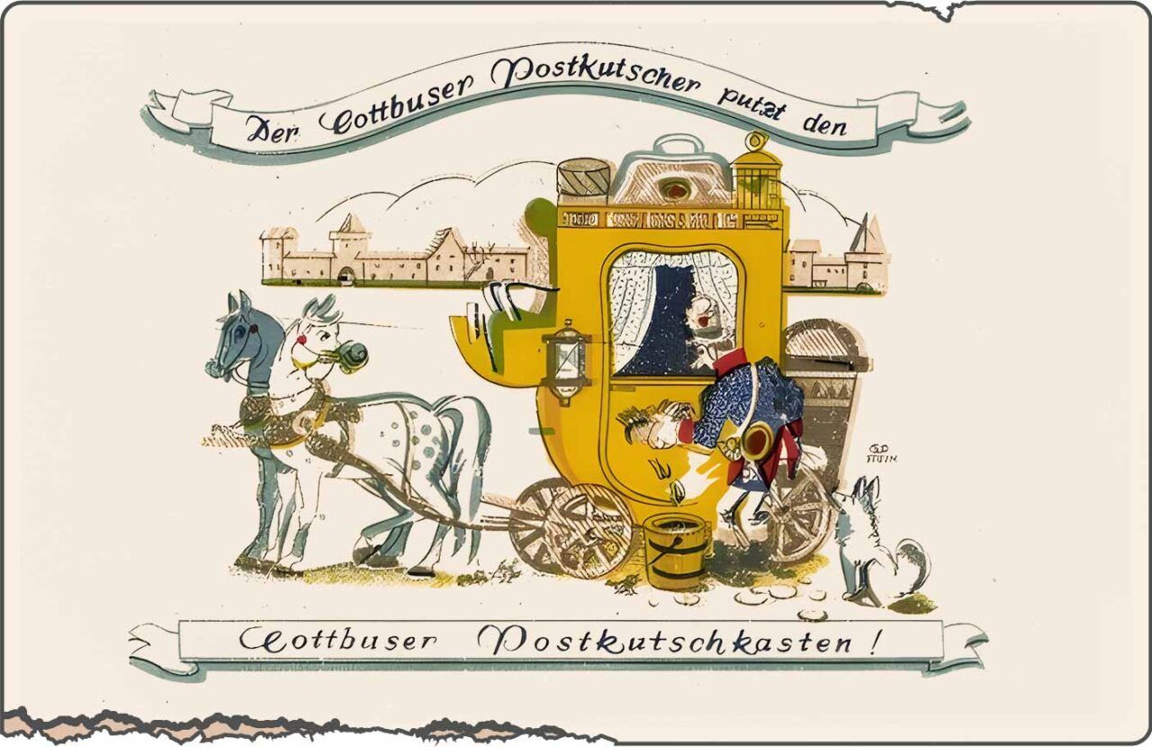 Historische Illustration des Cottbuser Postkutschers mit Wappen